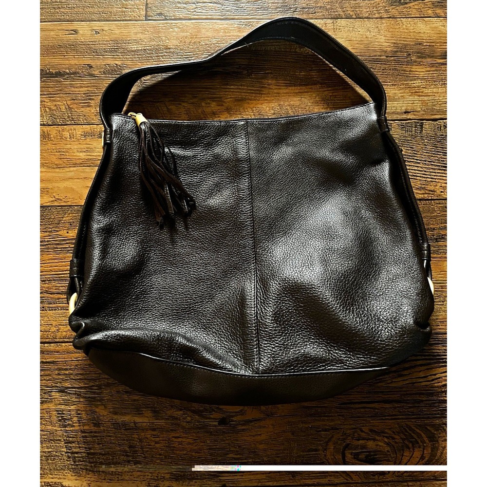 Lina Brown Pebbled Shoulder Bag Zip, Gold Hardware, Lined Inner Pockets, Tassel